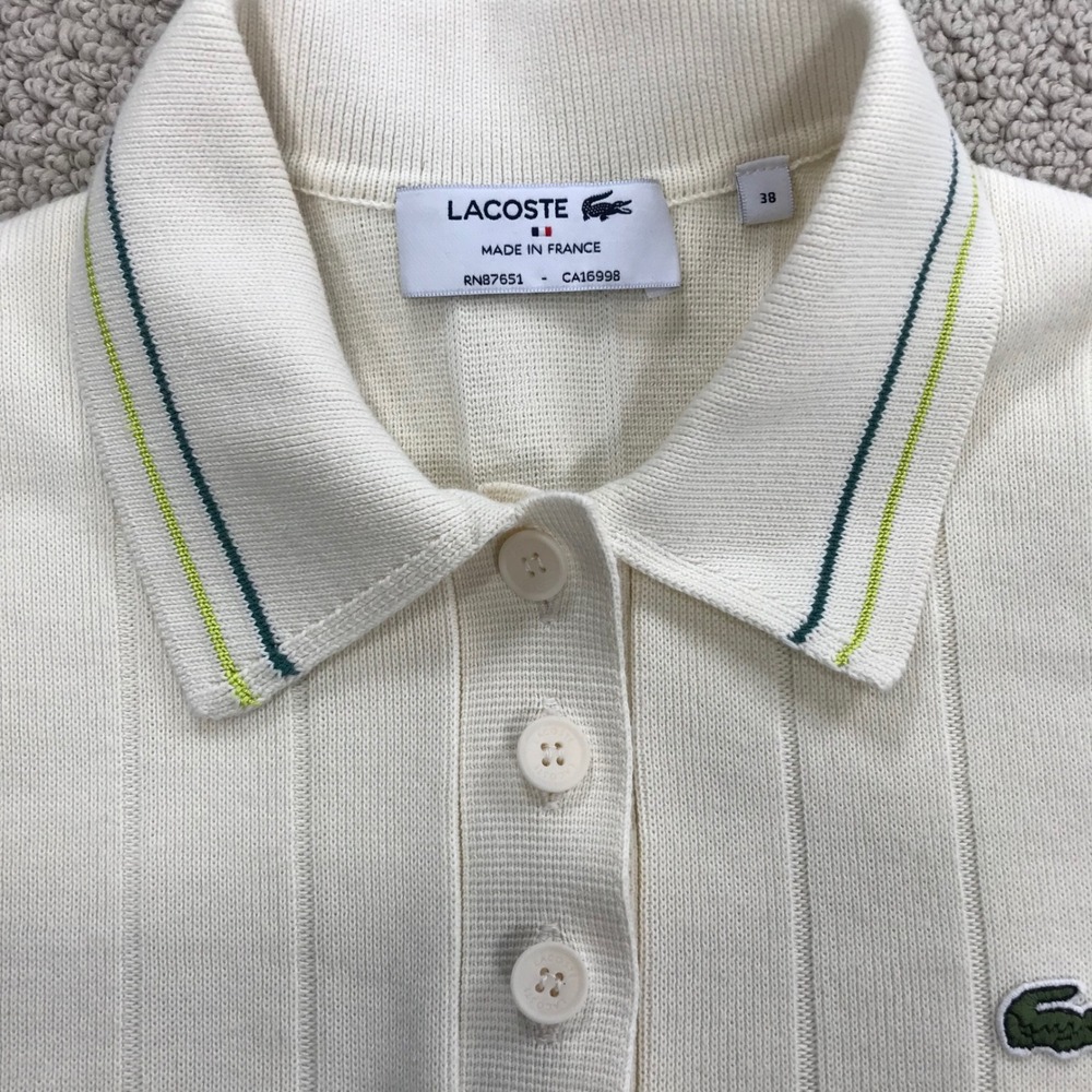 Lacoste Made in France Ribbed Knit Polo Shirt Cream White Green Tipping Size 38 - Picture 4 of 8